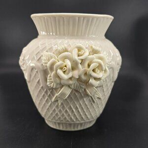 Vintage Ivory Ceramic Vase Embossed Floral Rose Basketweave Pattern JJ3900